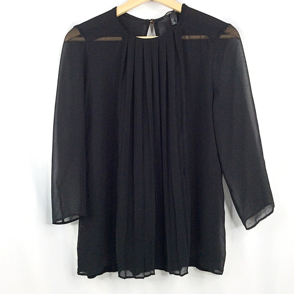 MNG Suit Mango Pleated Front Blouse Size Medium Black Contrast Fabric Sheer